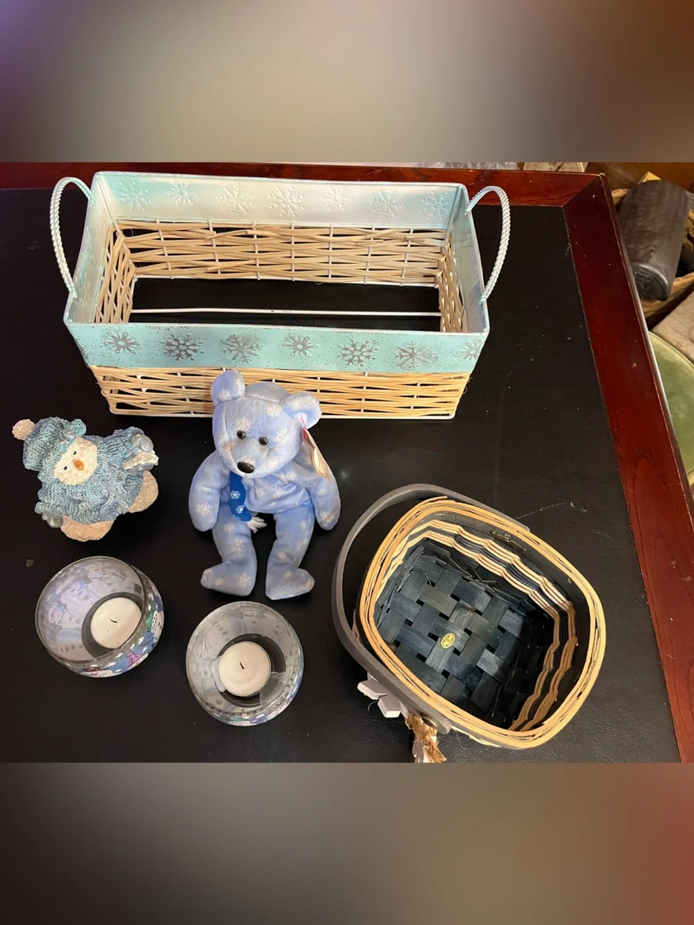 Lot of Blue Snowflake Decor with Plush Bear - Seasonal Home Decor